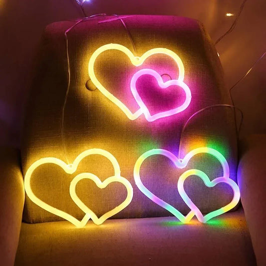 Insegna al Neon a Doppio Cuore Colorato