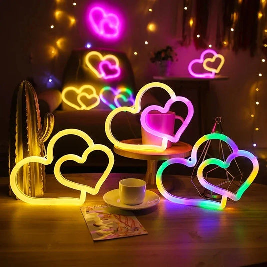 Insegna al Neon a Doppio Cuore Colorato